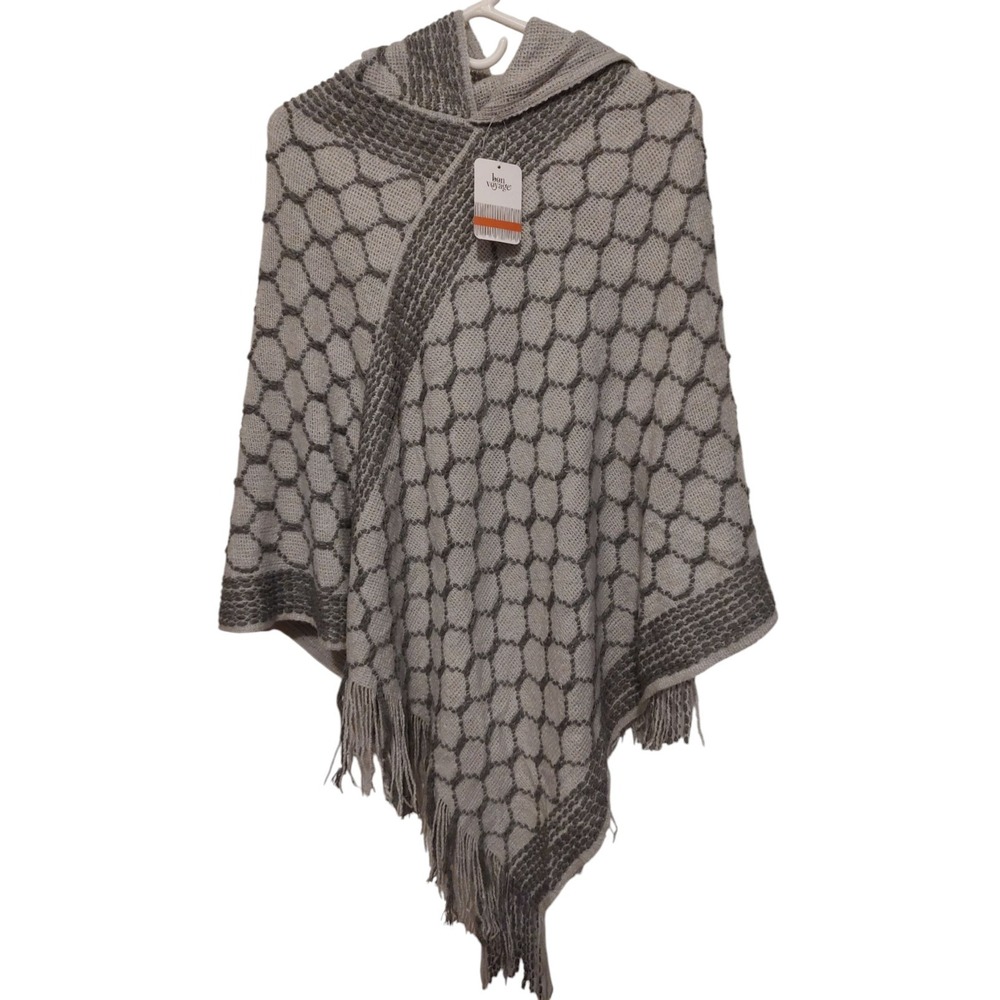 Bon‎ Voyage Hooded Poncho Sweater Gray Geometric Fringe One Size New With Tags - Picture 2 of 11